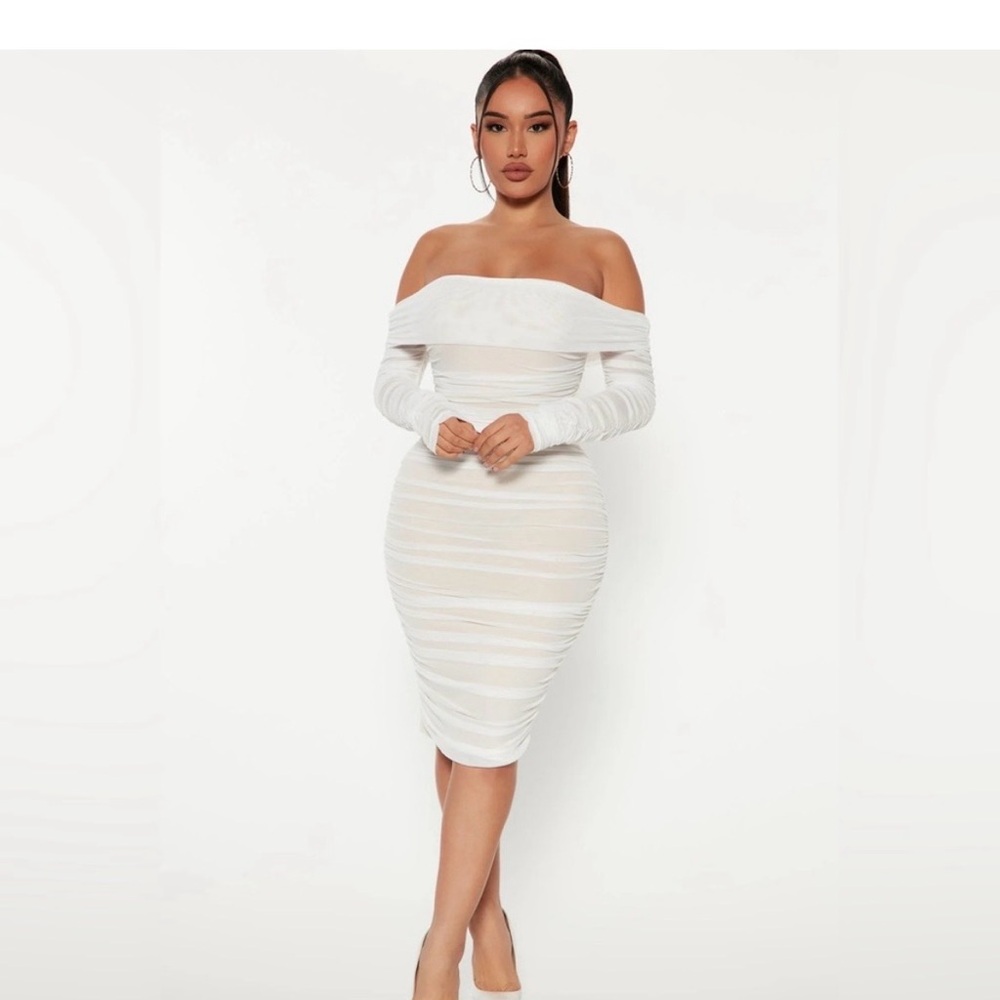 Fashion Nova White ruched Off-Shoulder Dress